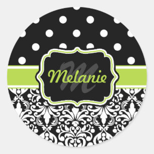 Sticker Rond Black Green Monogramme Damask Pois Motif