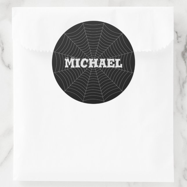 Sticker Rond Black grey spider web Halloween motif Votre nom (Sac)