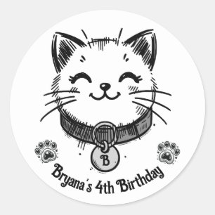 Sticker Rond Black Kitty Chat Kitten fête d'anniversaire
