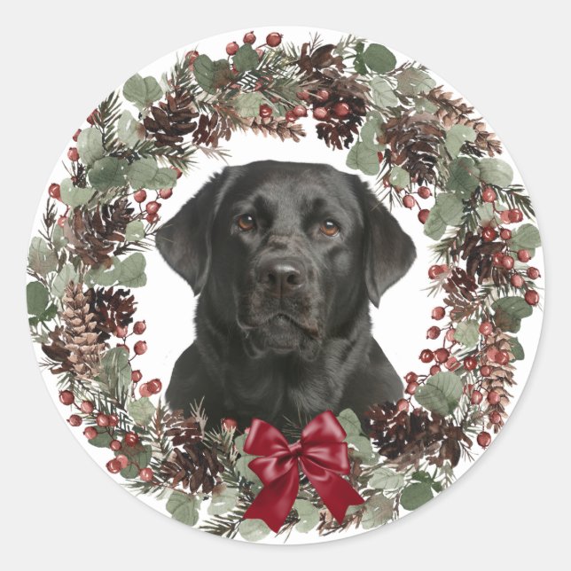 Sticker Rond Black Lab Red Bow Pinecone Wreath Noël (Devant)