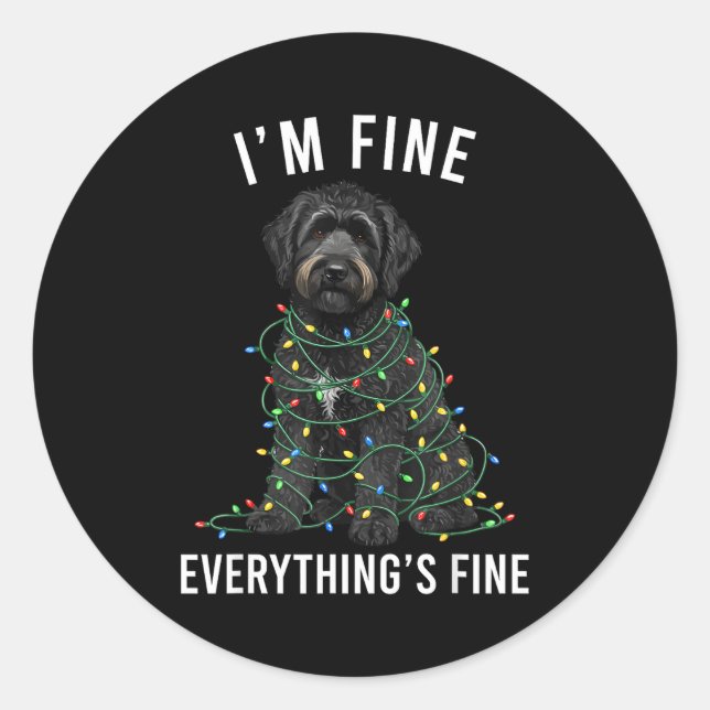 Sticker Rond Black Labradoodle Christmas I'm Fine Everything Is (Devant)