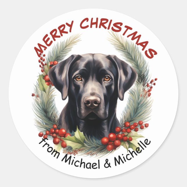 Sticker Rond Black Labrador Retriever Dog Christmas Wreath (Devant)