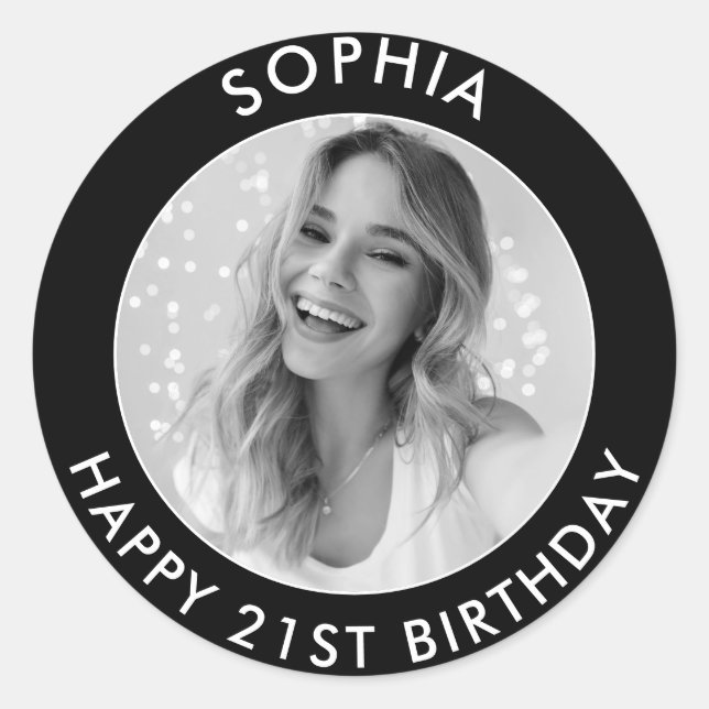Sticker Rond Black Modern Classic Joyeux 21e anniversaire photo (Devant)