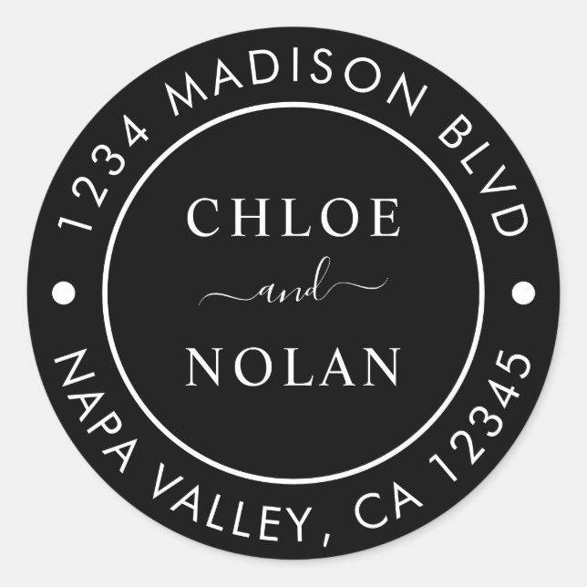 Sticker Rond Black Modern Script Adresse de retour (Devant)