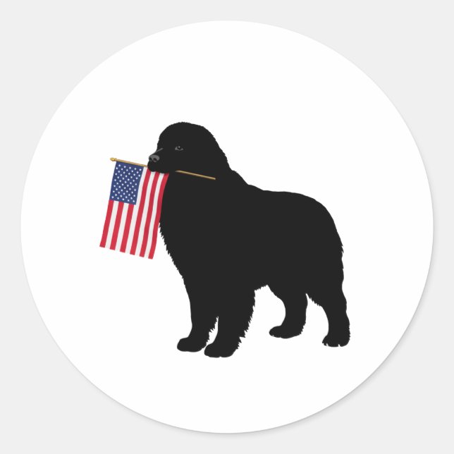Sticker Rond Black Newf Dog Holding USA Drapeau - Juillet 4 Pat (Devant)