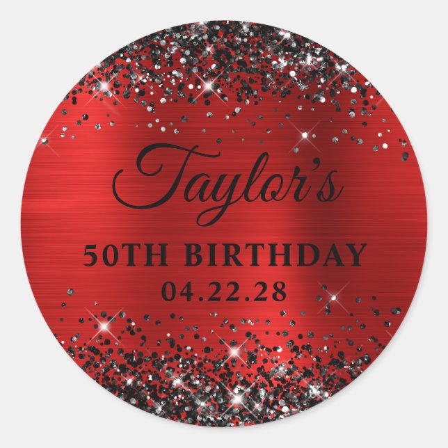 Sticker Rond Black Parties scintillant Red Foil 50e anniversair (Devant)