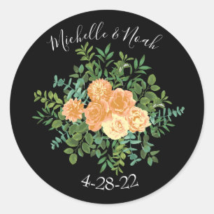 Sticker Rond Black & Peach Mariage Floral moderne