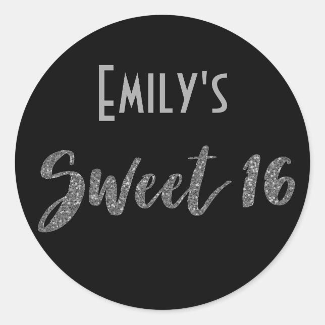 Sticker Rond Black Silver Sweet 16 avec nom (Devant)