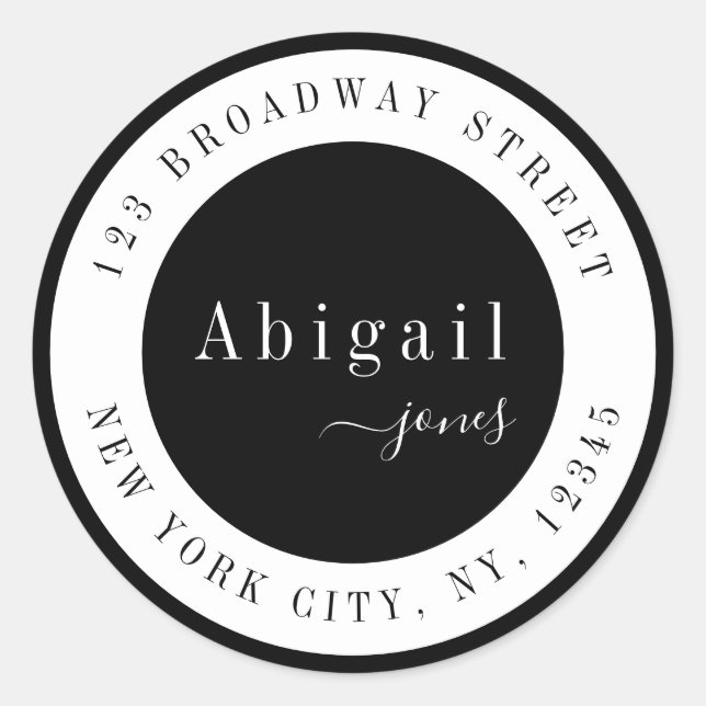Sticker Rond Black Simple Script Name Adresse de retour moderne (Devant)