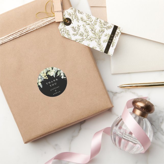 Sticker Rond Black Snowberry+Eucalyptus Merci Mariage (Cadeaux)