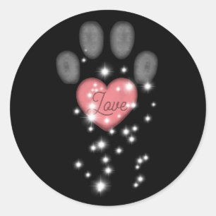 Sticker Rond Black Starlight Pink Heart Dog Empreinte de patte 