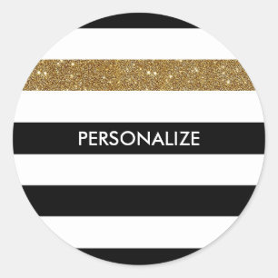 Sticker Rond Black Stripes FAUX Gold Glitz et Nom