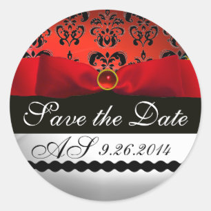 Sticker Rond BLACK & WHITE DAMASK RED RIBBON MONOGRAM Gemstone