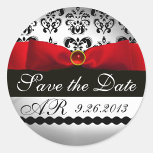Sticker Rond BLACK & WHITE DAMASK RED RIBBON MONOGRAM Gemstone