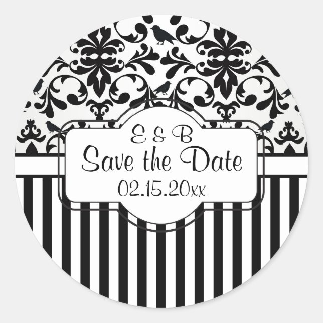 Sticker Rond Black white Damask tourbillons, bandes Enregistrer (Devant)