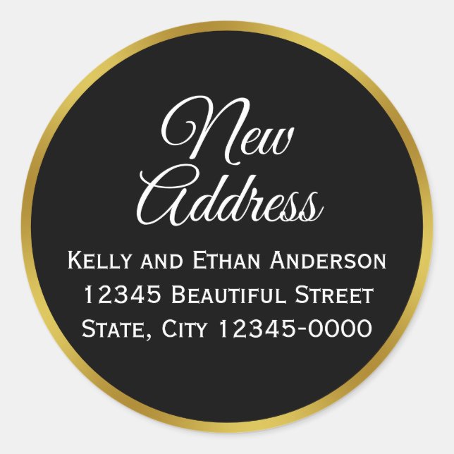 Sticker Rond Black, White et Faux Gold Nouvelle adresse (Devant)