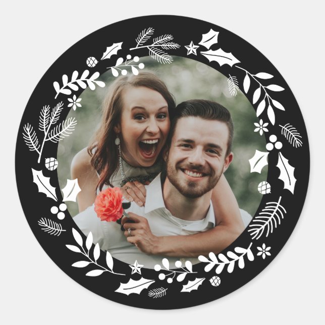 Sticker Rond Black White Minimal Wreath Photo (Devant)