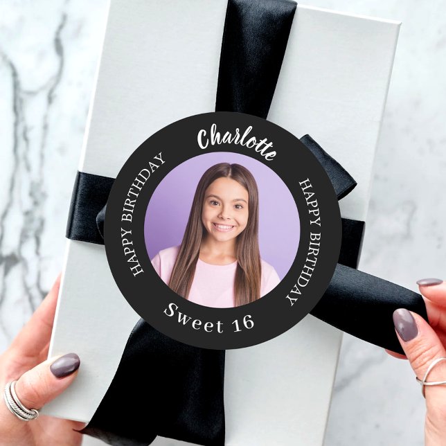 Sticker Rond Black white photo personnalisée Sweet 16 (Créateur téléchargé)