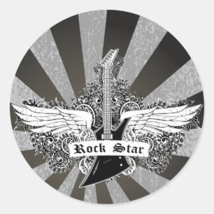 Sticker Rond Black white Rock étoiles ailes de guitare électriq