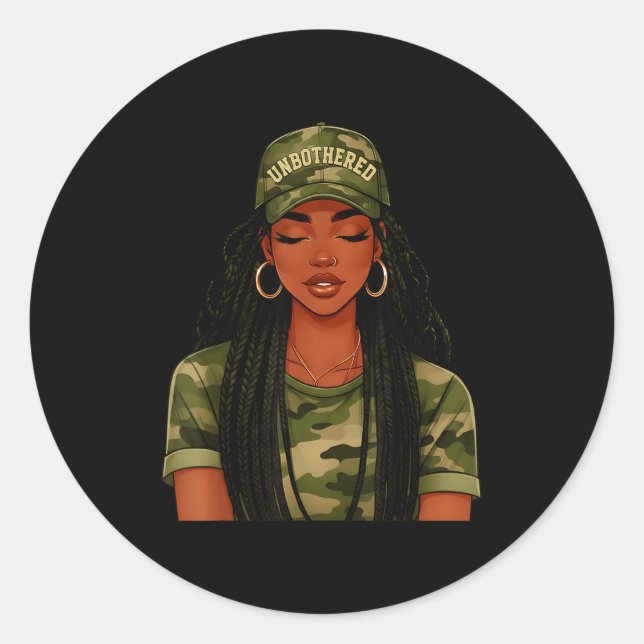 Sticker Rond Black Woman Unbothered Locs Camo Girl Women Loc'd  (Devant)