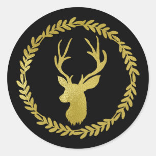 Sticker Rond Black Wreath Gold Deer Noël