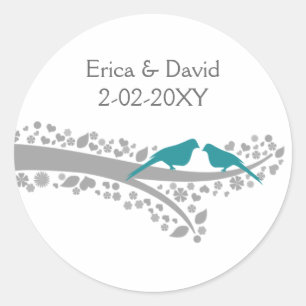 Sticker Rond blanc arbre bleu lovebirds mariage faveurs autocol