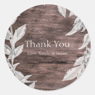 Sticker Rond Blanc & Argent Feuille Mariage d'hiver Rustique Fa