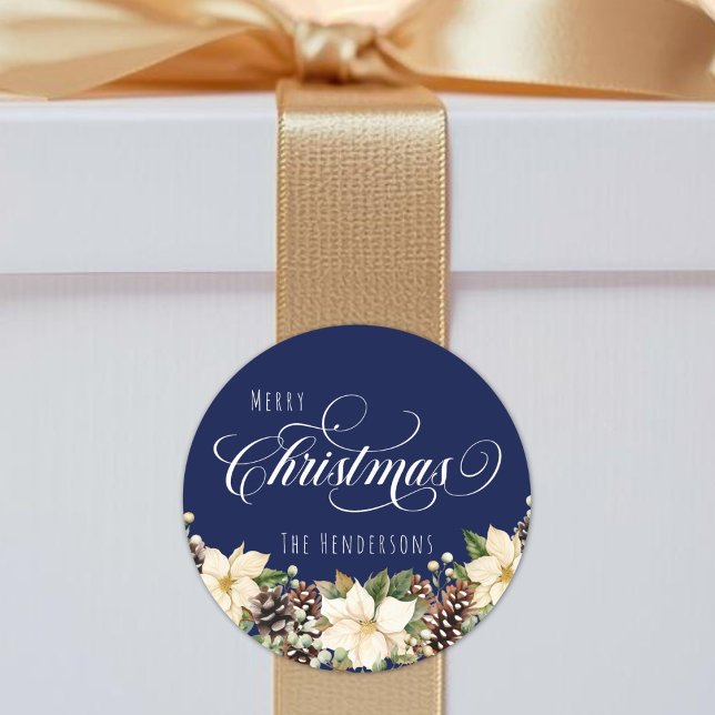 Sticker Rond Blanc Noël Poinsettia bleu (White Christmas Poinsettia blue Classic Round Sticker)