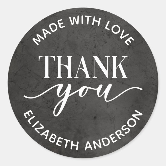 Sticker Rond Blanc Noir Fabriqué Avec Merci D'Amour (Devant)