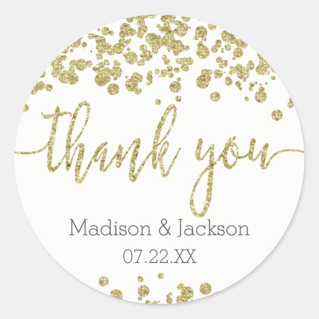 Sticker Rond Blanc & Or Confetti Mariage Merci Favor (Devant)