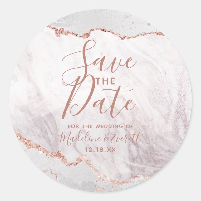 Sticker Rond Blanc & Rose Gold Agate Marbre Fond Enregistrer la (Devant)