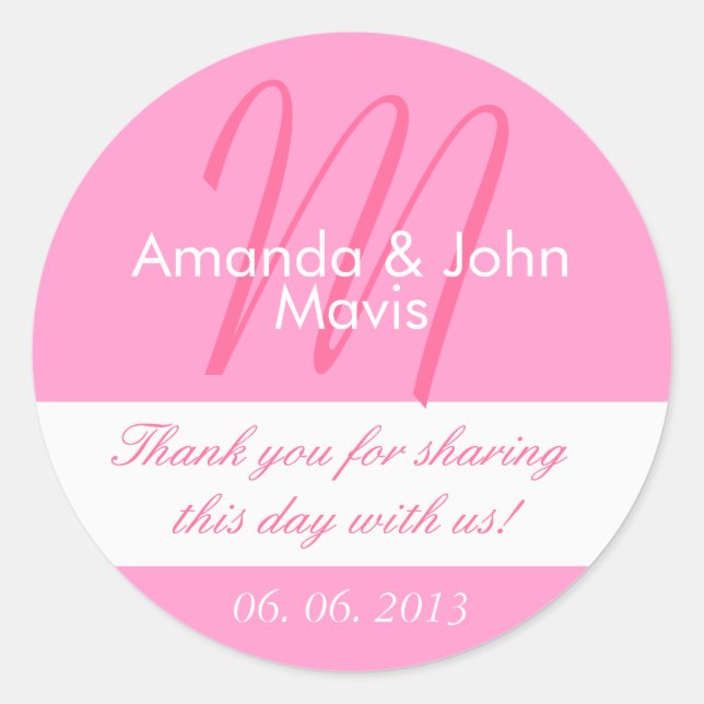Sticker Rond Blanc rose Simple Mariage initial Favoriser Merci (Devant)