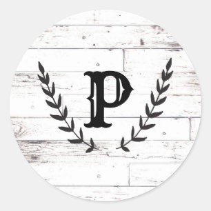 Sticker Rond Blanc Rustique Bois Shabby Chic Laurier Mariage