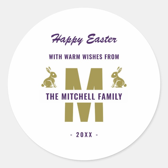 Sticker Rond Blanc violet or Nom du monogramme Joyeux lapin de  (Devant)