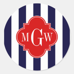 Sticker Rond Blancs de la Marine Rouge Quatrefoil 3 Monogramme