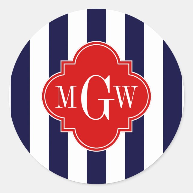 Sticker Rond Blancs de la Marine Rouge Quatrefoil 3 Monogramme (Devant)
