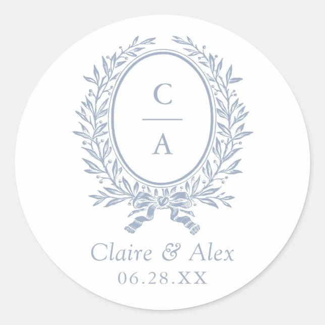 Sticker Rond Blason de mariage bleu à feuille d'olive élégant (Devant)