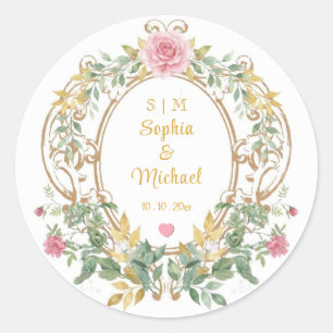 Sticker Rond Blason de mariage floral élégant Monogramme or vin