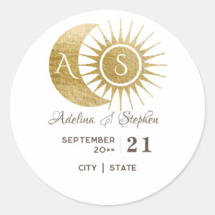 Sticker Rond Blason de monogramme Chic Céleste Or Blanc Soleil 