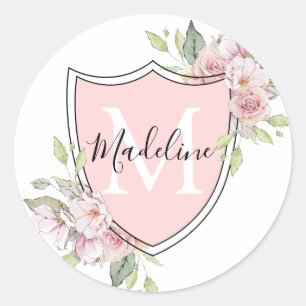 Sticker Rond Blason de monogramme de roses roses avec nom