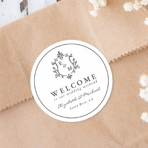 Sticker Rond Blason de Weekend de Mariage Monogramme de Bienven