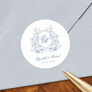 Sticker Rond Blason Floral Bleu Monogramme Élégant Mariage