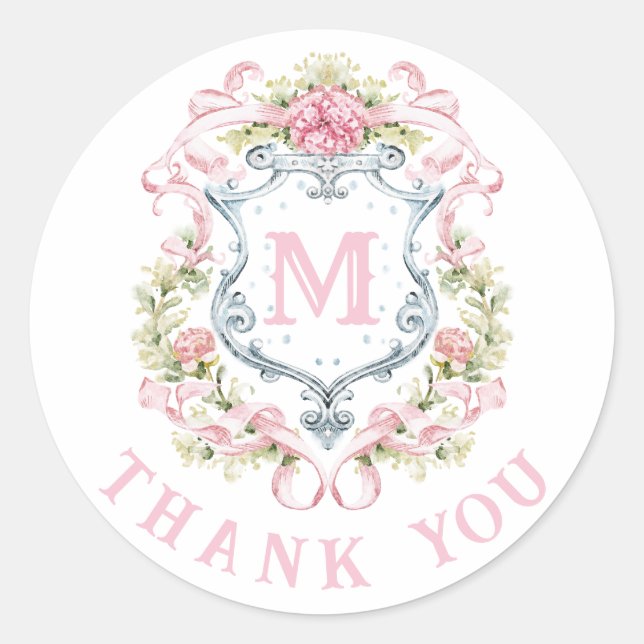 Sticker Rond Blason Floral Grandmillennial Monogramme | Mariage (Devant)