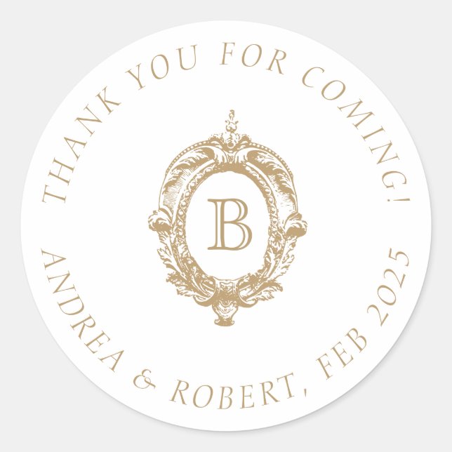 Sticker Rond Blason Monogramme Or Antique Mariage (Devant)