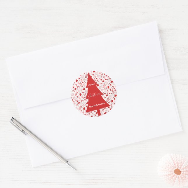 Sticker Rond Blessed Christmas Red Christmas Tree Doodle Art (Enveloppe)