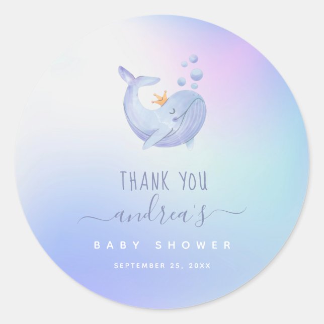 Sticker Rond Bleu Aquarelle Baleine Merci Océan Baby shower (Devant)