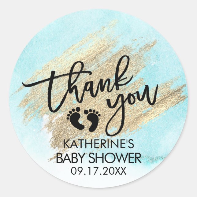 Sticker Rond Bleu Aquarelle Or Brush Baby shower (Devant)