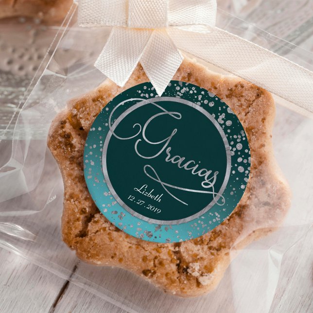 Sticker Rond Bleu Argent Confetti Gracias Merci anniversaire (Créateur téléchargé)