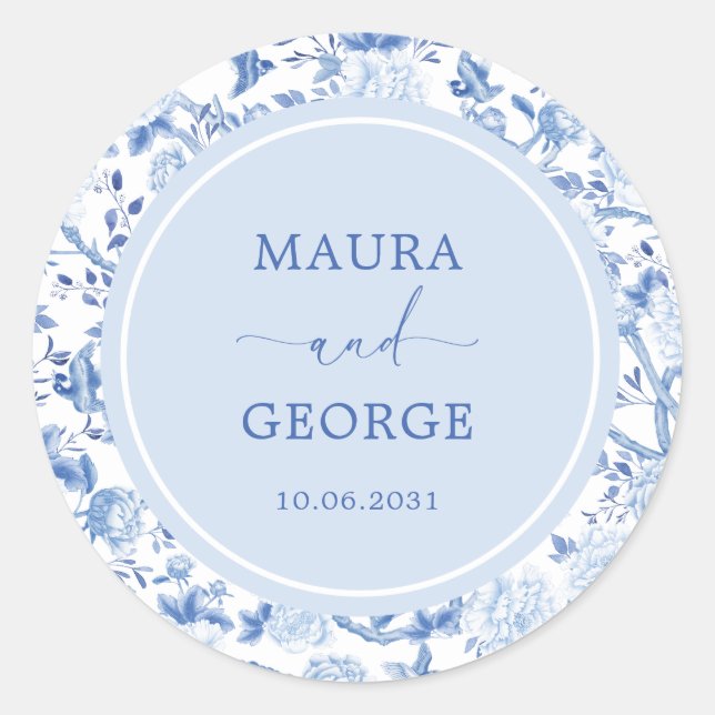 Sticker Rond Bleu Blanc Chinoiserie Floral Mariage côtier (Devant)