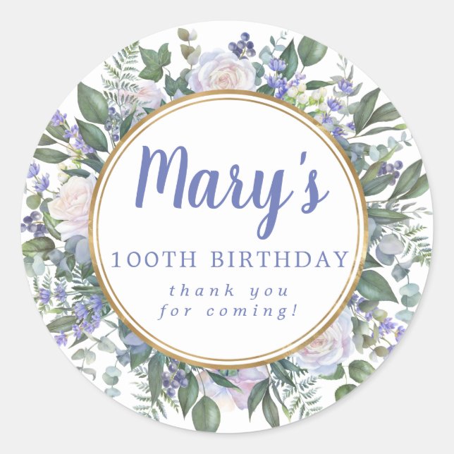 Sticker Rond Bleu Blanc Floral 100e Anniversaire Merci (Devant)